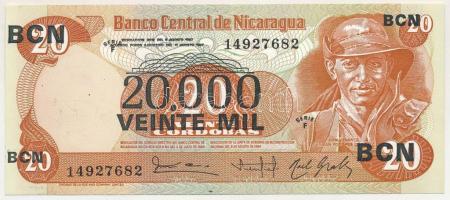 Nicaragua 1987. 20C fekete "20.000C" felülbélyegzéssel "14927682" T:UNC
Nicarag...