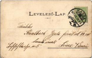1907 Kassa, Kosice; látkép. Egy és kétkoronás áruház kiadása. A levél címzettje Kieselbach Gyula (18...