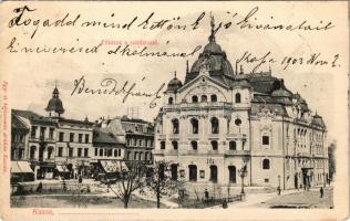 1903 Kassa, Kosice; Fő utca a színházzal, üzletek. Egy és kétkoronás áruház kiadása / street, theatr...