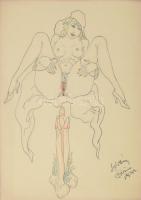 Olvashatatlan jelzéssel: Erotikus-pornográf jelenet nő akttal (Párizs, 1933?). Tus, akvarell, papír,...
