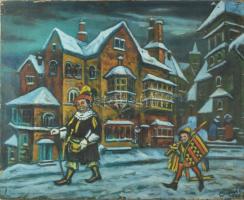 Csapek Károly (1904-1976): Jelenet, 1950-es évek. Olaj, vászon. Jelzett. Apró sérülésekkel. 55x68 cm