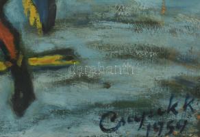 Csapek Károly (1904-1976): Jelenet, 1950-es évek. Olaj, vászon. Jelzett. Apró sérülésekkel. 55x68 cm