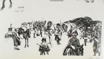 Somogyi Győző (1946-): A II. magyar hadsereg, lovak, parasztcsalád. Szitanyomat, papír. Jelzett. 70x...