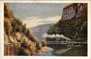 Orsova, Kazán-szoros, gőzhajó. Művészlevelezőlap M.F.T.R. 6314-12. Klösz műintézet / Partie aus dem ...