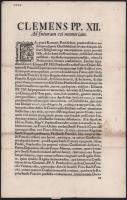 1735 XII. Kelemen pápa körlevele, latin nyelven, az utolsó oldalon kézzel írt hitelesítő feljegyzéss...