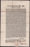 1735 XII. Kelemen pápa körlevele, latin nyelven, az utolsó oldalon kézzel írt hitelesítő feljegyzéss...