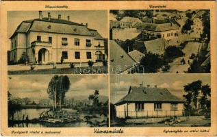 Vámosmikola, Huszár kastély, utca, Ipoly parti részlet hajómalommal, Egészségház az artézi kúttal. G...