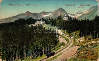 1911 Tátra, Magas Tátra, Vysoké Tatry; fogaskerekű vasút, Csorba tó / cogwheel railway to the lake (...