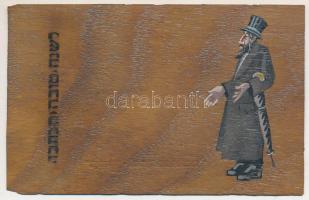 Zsidó úr, héber üdvözlet. Kézzel rajzolt és festett egyedi lap fakéregből / Jewish man, Hebrew greet...