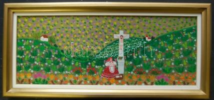 Gombkötőné Tóth Ilona (1933-) Tokaji táj, naiv festmény farost-olaj, jelzett, keretben 47x19 cm