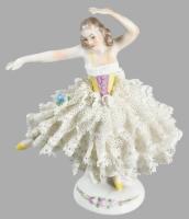 Jelzett balerina, antik porcelán, kézzel festett, jelzett, ruhája sérült 11 cm
