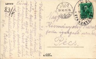 1938 Léva, Levice; látkép, Slavia bank, üzletek, gyógyszertár, várrom a háttérben / general view, ba...