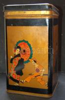 Vegyes konyhai tétel háború előtti kínai mintás fém teásdobozban, benne: bögrék, merőkanalak, pohara...