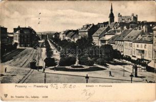 1903 Pozsony, Pressburg, Bratislava; Sétatér, villamos. Dr Trenkler &amp; Co. / promenade, tram ...