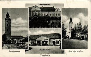 1938 Nagykálló, református és római katolikus templom, elmegyógyintézet, Piac tér, automobil, Dohány...