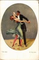 One Step. Dancing couple, lady art postcard. B.K.W.I. 206-2. s: R. Fuchs (EB)
