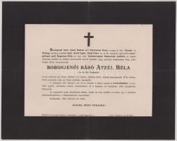 1900 Báró Atzél Béla kamarás, országgyűlési képviselő gyászjelentése, hajtott