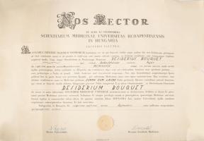 1957 SOTE orvosi diploma Babics Antal és Gegesi Kiss Pál aláírásával, felcsavarva