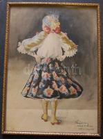 1926 Országh Ilona: Sokác népviseletes menyecske, vegyes technika-papír, jelzett, keretben 38x28 cm