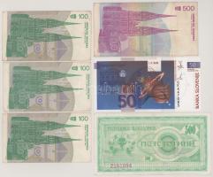Horvátország 1991. 100D (3x) + 500D + Szlovénia 1992. 50T + Észak-Macedónia 1992. 500D T:XF-VG
Croa...