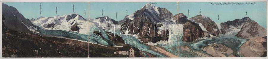Südtirol, Panorama von der Schaubach Hütte, Ortler / general view, 3-tiled folding panoramacard (tea...