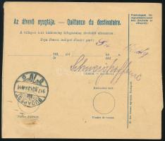 1917 Postai szállítólevél Arató-Parlament 2,75K + Fehérszámú Arató 10f bérmentesítéssel "NYÍRLÚ...