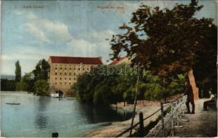 Károlyváros, Karlovac; Pogled na slap / látkép, vízesés, tó, hátoldalon nyomdareklám / general view,...