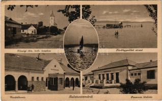 1949 Zamárdi, Balatonzamárdi; Községháza, Római katolikus templom, Fürdőegyesületi strand, fürdőzők,...