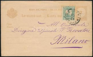 1882 2kr díjjegyes levelezőlap Színesszámú 3kr díjkiegészítéssel "ZAGREB" - Milánó