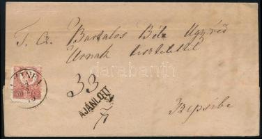 1873 Ajánlott levél Réznyomat 5kr + hátoldalon 10kr bérmentesítéssel, a 10kr felbontáskor kettévágva...