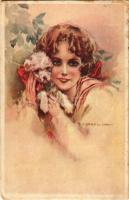 1921 Lady with dog. Italian art postcard. Anna &amp; Gasparini 335-2. s: T. Corbella (EB)