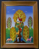 Koday LÁszló: Ház a dombon, naív festmény olaj-vászon, jelzett 30x40 cm