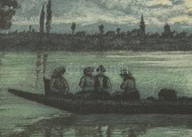 Conrad Gyula (1877-1959): Est a Dunán. Színezett rézkarc, papír, jelzett, Conrad Gyula autográf aján...