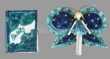 Morvay Zsuzsa (1946-): Pillangó, mázas kerámia, 20x17 cm + emlék könyv 11x16 cm. Kézzel festett, jel...