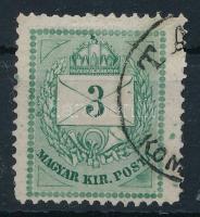 1874 Színesszámú 3kr a jobb alsó háromszög durva javítással, vegyes fogazással