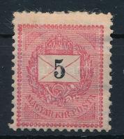 1889 5kr a bal felső háromszögben srégen átfutó fehér vonal (nyomathiány), lemezjavítások (törés / f...