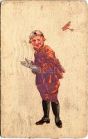 1915 Pilóta repülőgéppel / WWI Austro-Hungarian military art postcard (Rb)