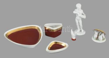 3 db Hollóházi figura + asztali készlet: cica, nyuszi, trombitás fiú 4-15 cm