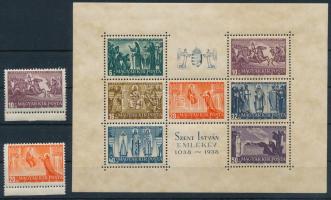 1938 Szent István postatiszta blokk + pár alsó ívszélell rajta kis falcnyommal (9.500)
