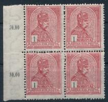 1913 Turul 1K ívszéli négyestömb álló vízjellel (elvált fogak) (12.000)