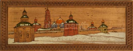 Orosz festett és faragott fa doboz, 13x30 cm