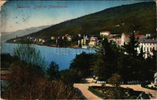 1916 Abbazia, Opatija; Südliche Strandpartie. G. Abucalil / sétány, fürdő / beach, promenade (ragasz...