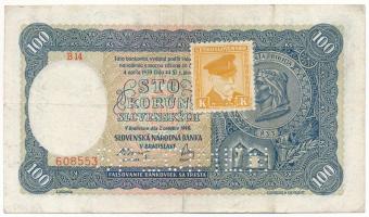 Szlovákia 1940. 100K "SPECIMEN" (minta) perforációval, csehszlovák bélyeggel, "B14 60...