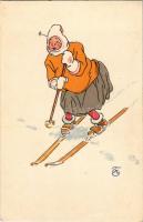 Síelő, téli sport művészlap 26/VI / ski, winter sport art postcard s: TM