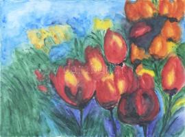 Olvashatatlan jelzéssel: Tulipánok. Akvarell, papír. Üvegezett fakeretben. 42×56 cm