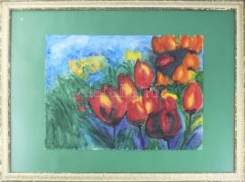 Olvashatatlan jelzéssel: Tulipánok. Akvarell, papír. Üvegezett fakeretben. 42×56 cm