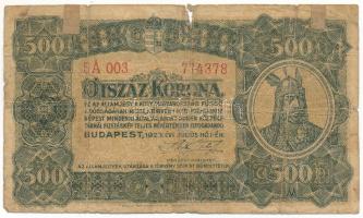 1923. 500K "Magyar Pénzjegynyomda Rt. Budapest." nyomdahely-jelöléssel "5A 003 774378...