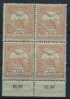 1913 Turul 70f ívszéli négyestömb álló vízjellel lefelé tolódott értékszámokkal, benne 1 db II. típu...