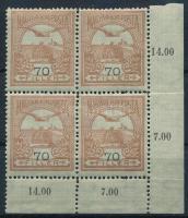 1913 Turul 70f ívsarki négyestömb álló vízjellel lefelé tolódott értékszámokkal, benne 1 db II. típu...