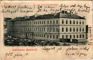 1902 Dés, Dej; M. kir. honvéd laktanya. Gálócsi S. kiadása / K.u.k. military bararcks (ázott / wet d...